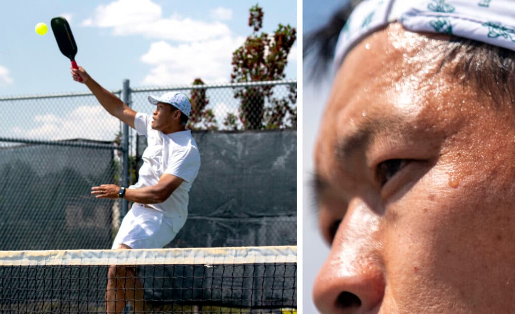 A split image: On the left, a man in white sportswear leaps as he swings a paddle, striking a bright green ball. On the right, we see — close up — a bead of sweat forming on his brow.