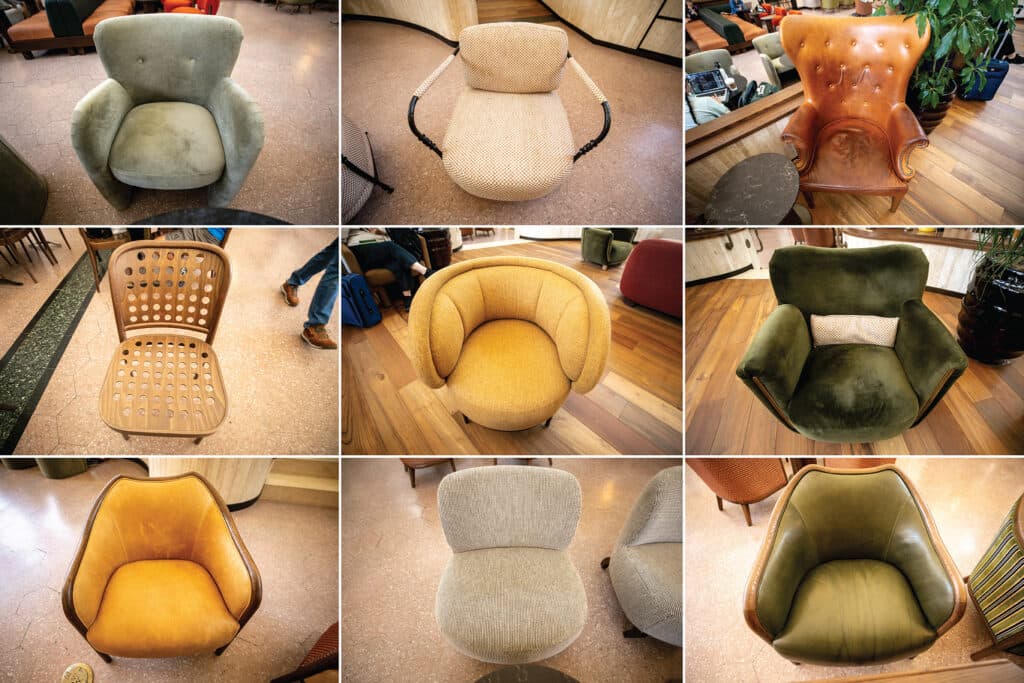 A 9x9 grid of photos of chairs. Some are green. Some are yellow. One is wooden. One is brown leather. They all look right into the camera.