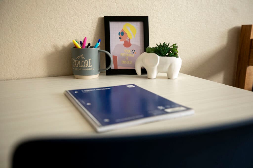 A frame on a desk features an illustration of a woman in a headscarf, wearing a shirt that says, &quot;Your potential is endless.&quot; It sits next to a succulent planter shaped like an elephant, a mug filled with colored pens and a blue spiral notebook.