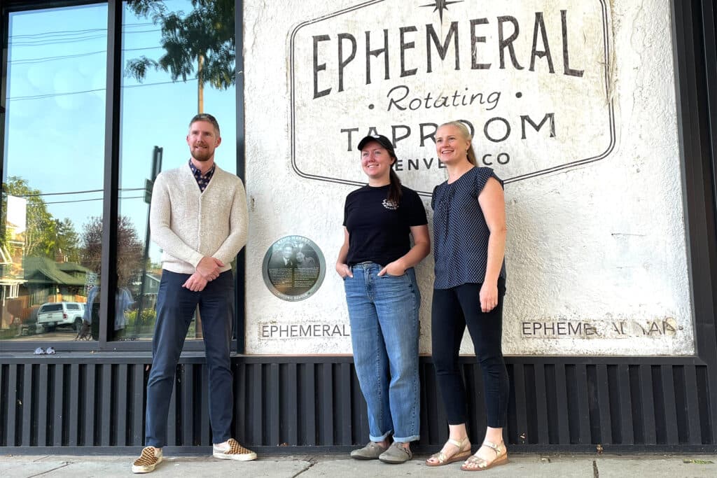 Co-owner of Ephemeral Rotating Taproom Shannon Lavelle, Historic Denver's John Deffenbaug and Alison Salutz at former site of Ben's Supermarket