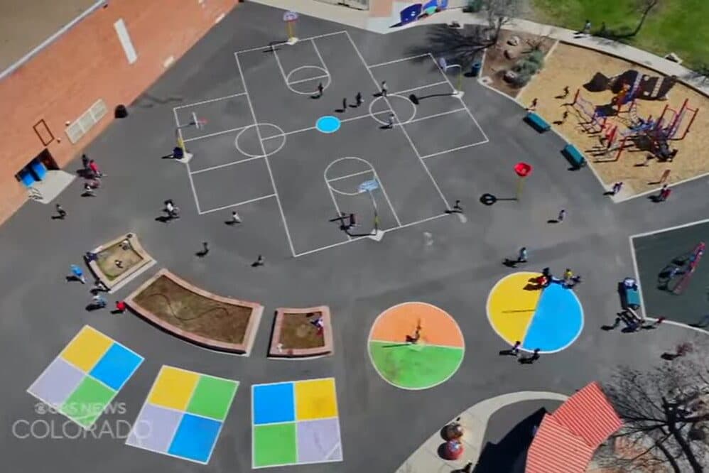 An overhead view of McMeen Elementary from the CBS Colorado documentary “McMeen in the Middle, Denver’s Migrant Crisis.”