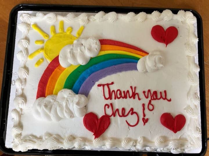 A &quot;Thank you Chez&quot; cake with a rainbow and three hearts that Aurora Hunt, an organizer for the Denver Cinema Club, had made to bring to the theatre on closing night.