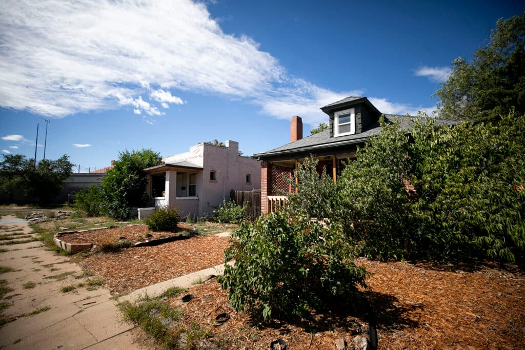 Two homes under a blue sky, surrounded by green trees and brown mulch.