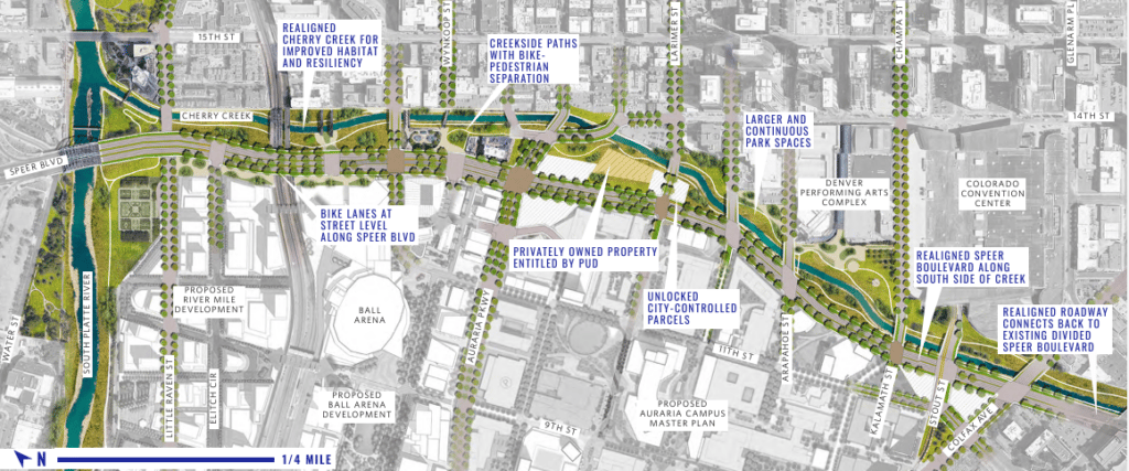 An overhead map view of Speer Boulevard with labels pointing out key city landmarks.