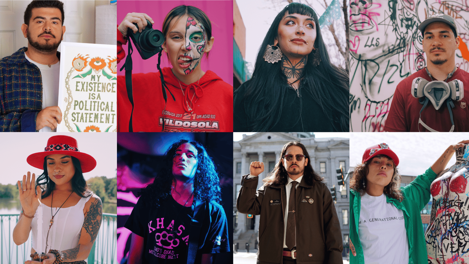 A collection of portraits shot for Manuel Aragon's Latine Futures Month series, from top left to bottom right: Brayan Montes-Terrazas, Sophia Martinez, Aíde Blancarte Vega, Bimmer Torres, Valeria Martinez, Joaquin Aragon, Tim Hernández and Fresh Sam.