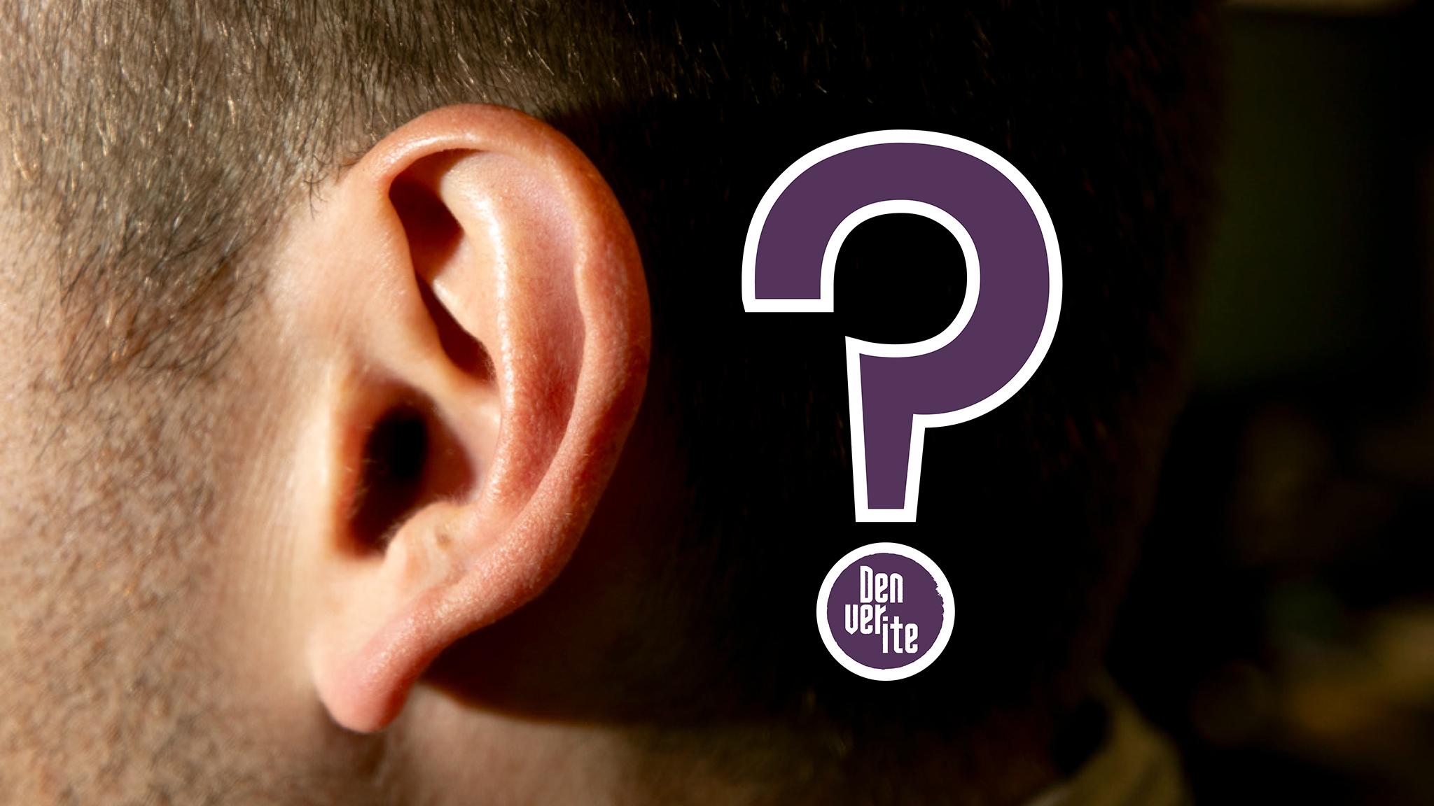 A close-up photo of a white man's ear. To its right, a purple question mark with the Denverite logo as the dot.