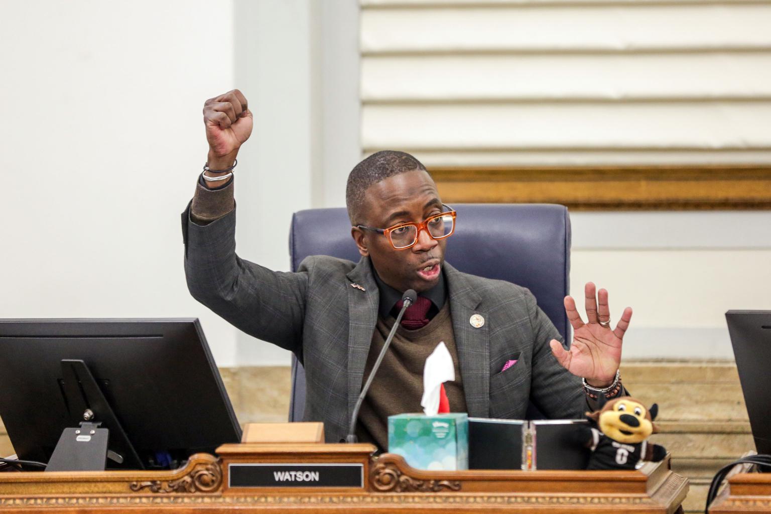 Denver City Councilmember Darrell Watson gestures while speaking