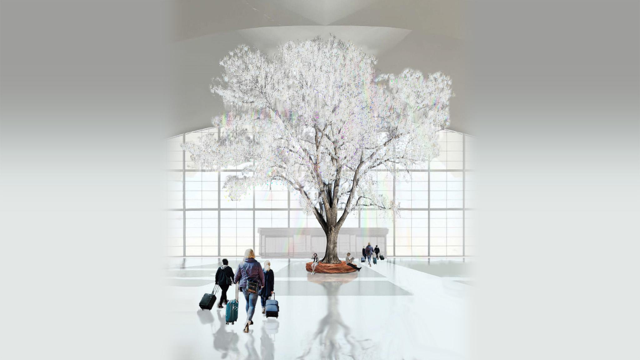 An illustration shows an enormous sculpture of a tree, decked with thousnads of crystals, in front of a large window in an airport hall.