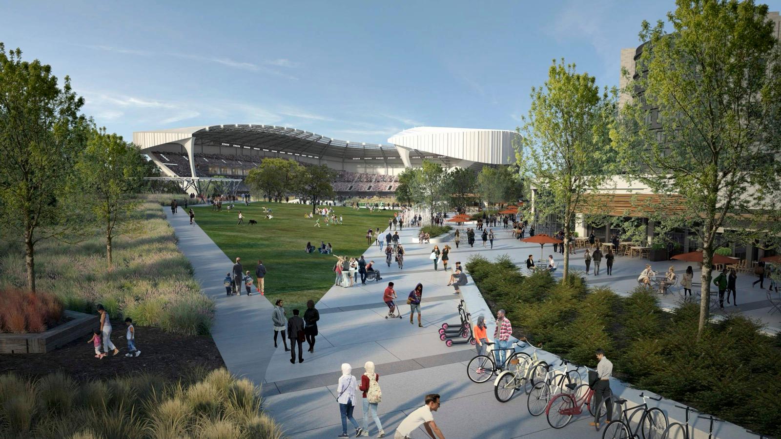 This rendering shows people walking on paths and parking bikes near the stadium.