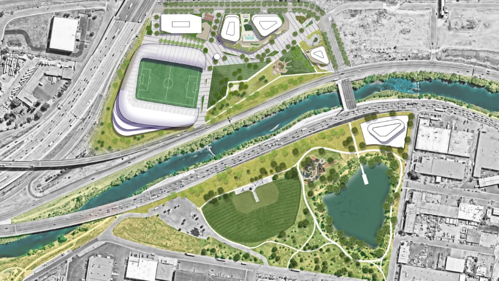 A top-down aerial view of the planned NWSL stadium and surrounding facilities.