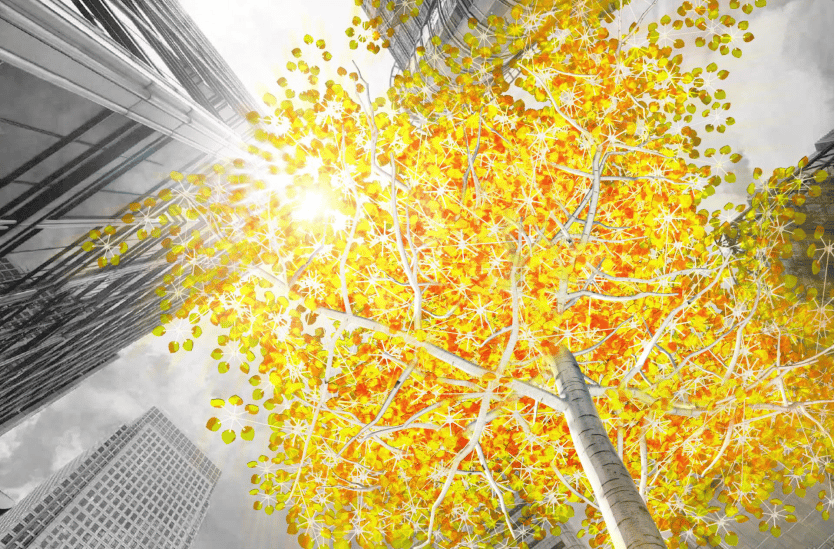 A rendering looking up at a metal aspen tree with bright yellow and orange leaves.