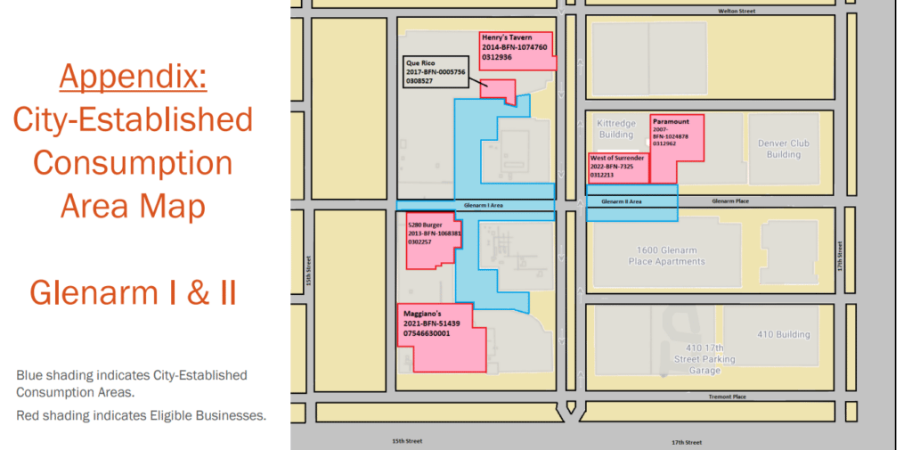 A map shows that alcohol could be consumed along Glenarm Place on either side of the 16th Street Mall and in Denver Pavilions mall under a proposed common consumption area.