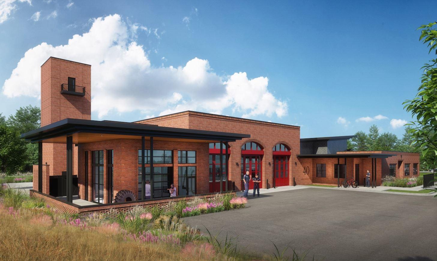 A computer rendering of a modern-looking fire station.
