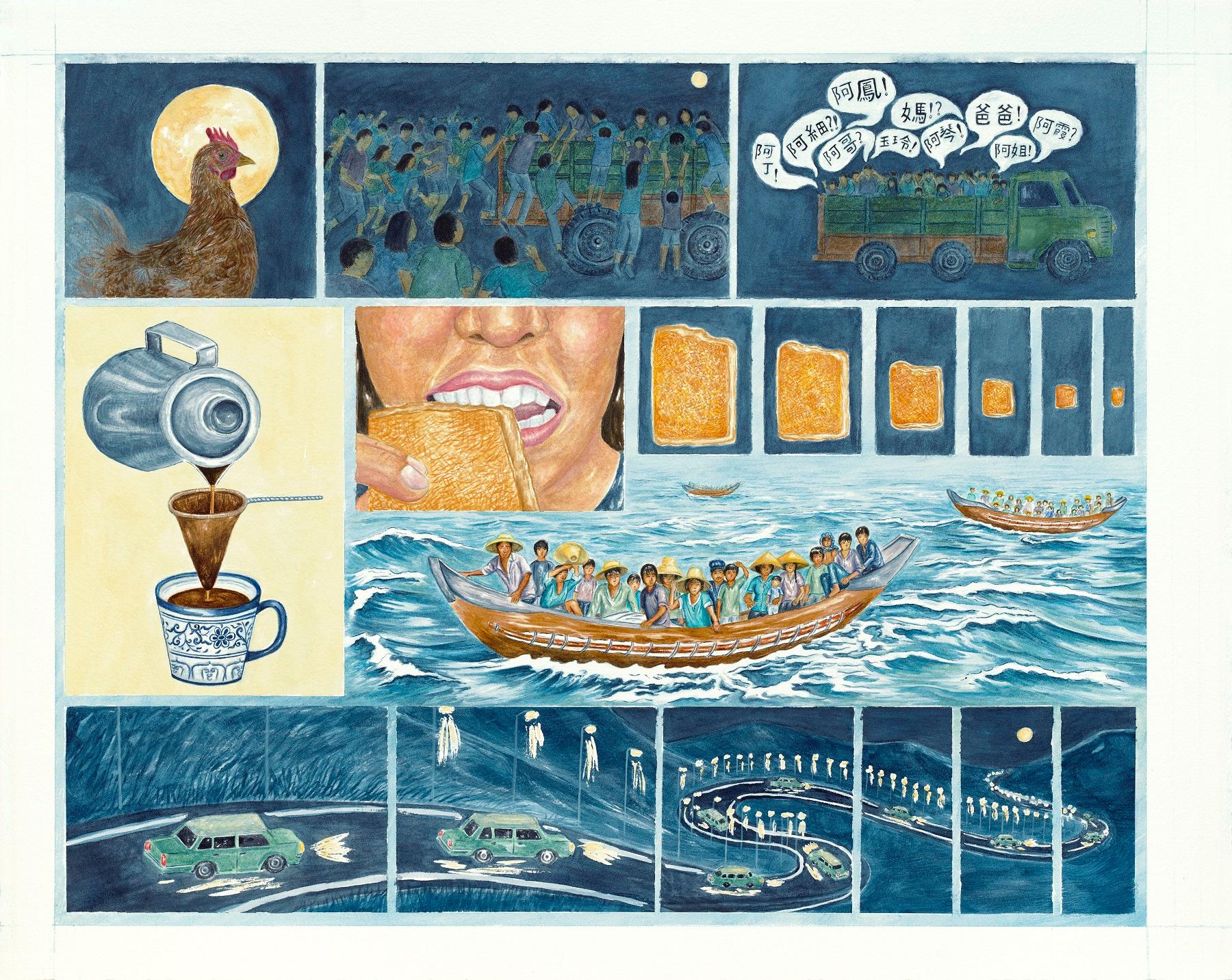 A painting dominated by the color blue, depicting images of of Little Saigon community member Ivy Ha's memories of fleeing Vietnam to the US. Images include making coffee, eating rice cakes, and crossing the ocean on a boat.
