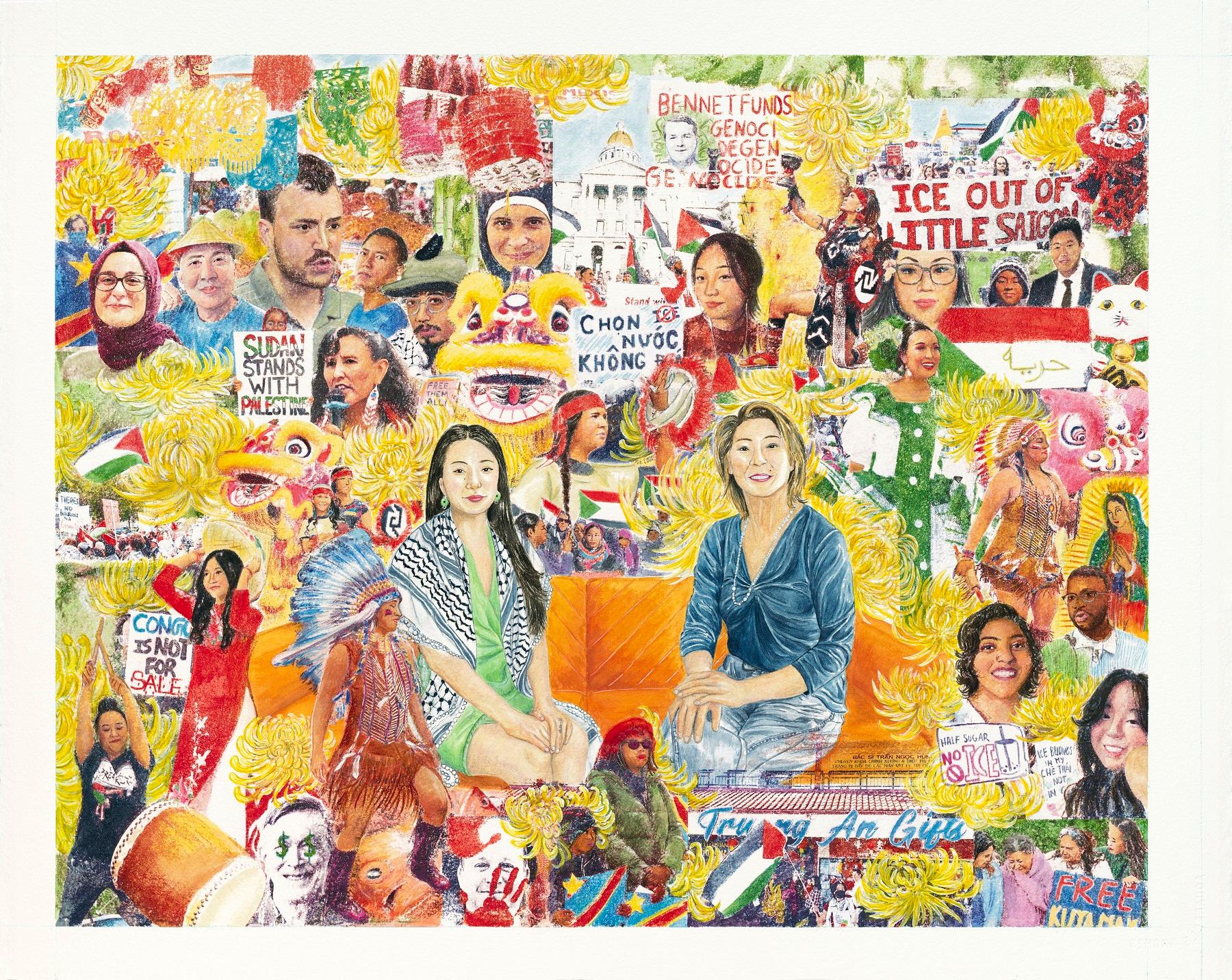 Joie and Ivy Ha sit on a couch against a collaged background of political figures, Palestinian flags, protest slogans, and other political imagery.