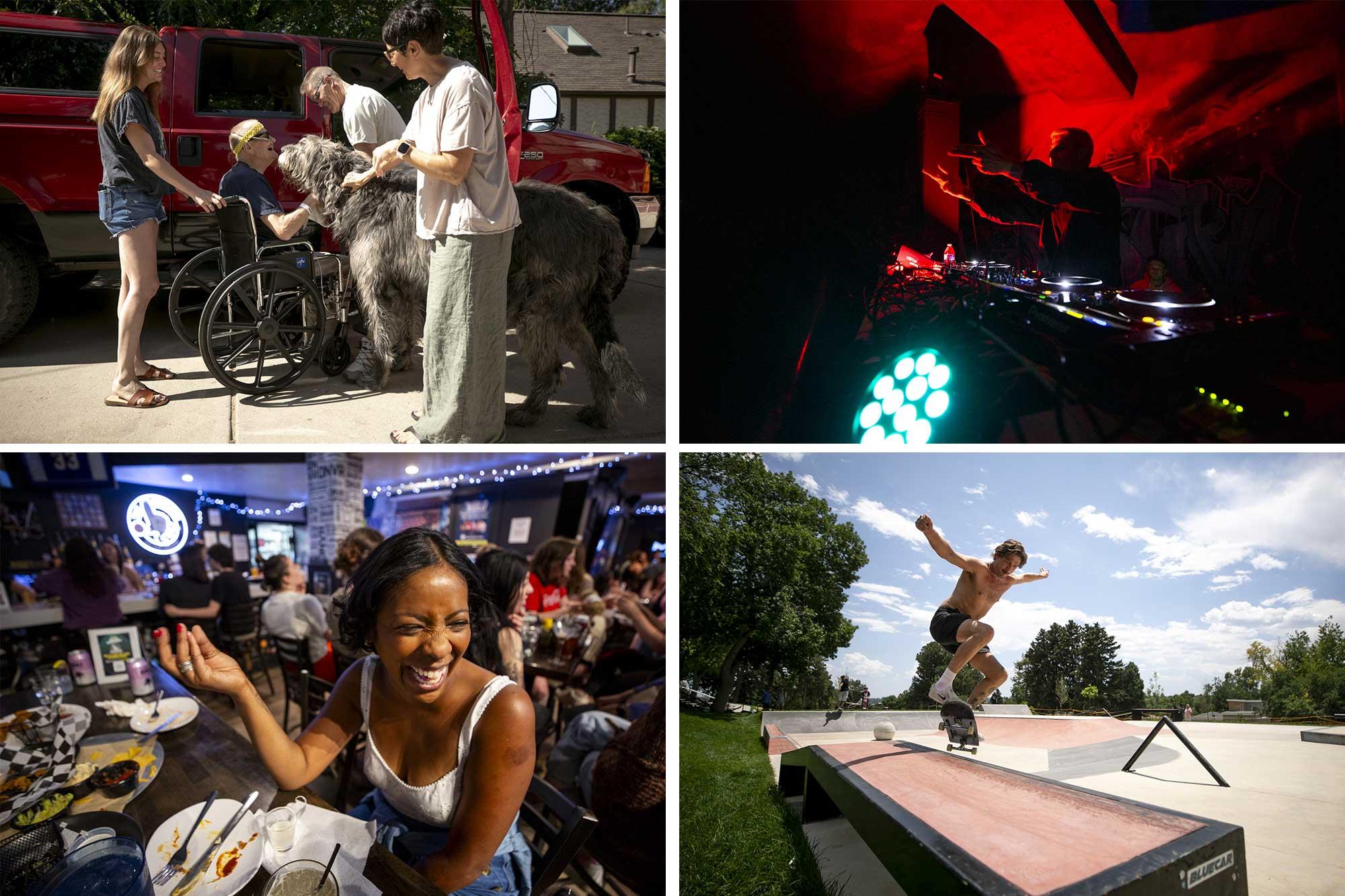Four photos are collaged in one image. The upper left shows a man in a wheelchair greeting a large dog, surrounded by other people. The upper right shows a DJ gesturing as they play in a dark tunnel, illuminated by red light. The bottom left shows a Black woman laughing as she sits in a crowded bar at night. The bottom right shows a shirtless man doing a skateboard trick during the day at a skate park.