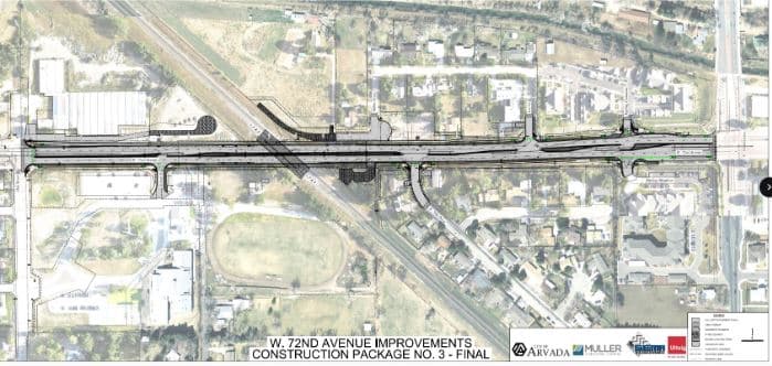 An overheard map view of Arvada shows 72nd Avenue with an overlaid design of the new road.