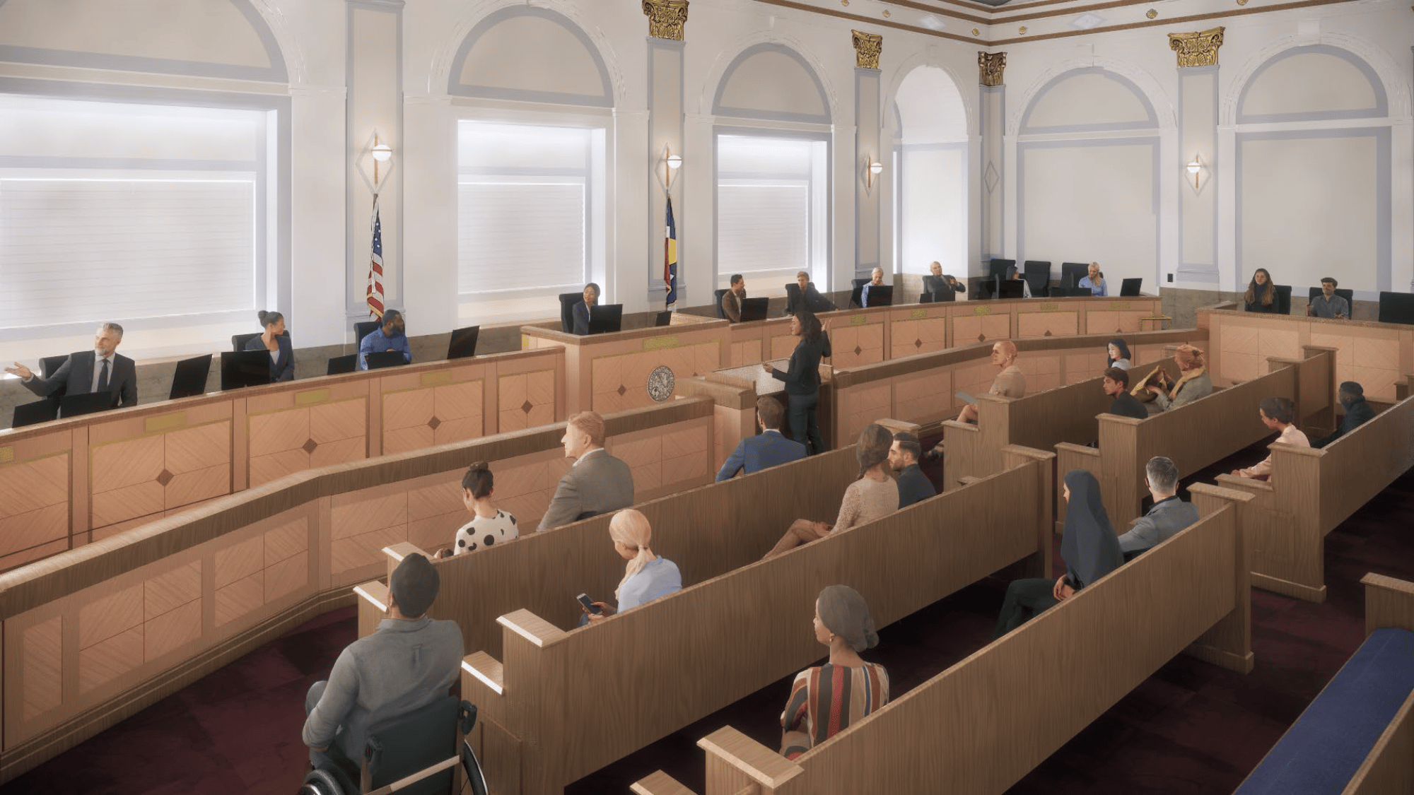 The image depicts a rendering of the renovated Denver City Council chamber. In the illustration, there are several people sitting in the audience. The room is furnished with multiple benches.
