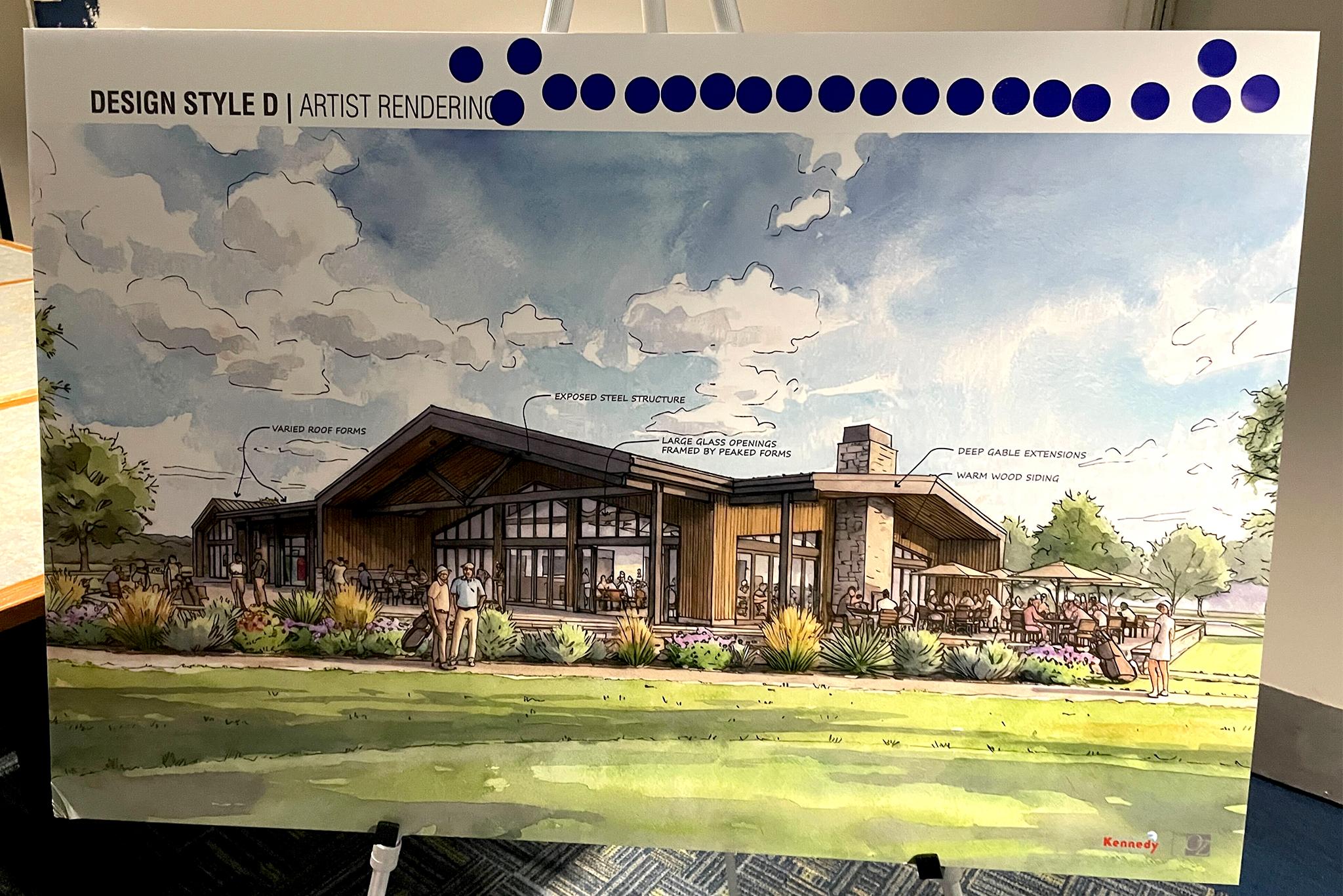 A large display board is titled "Design Style D" and shows a drawing of a building of stone and wood with a large pitched roof.