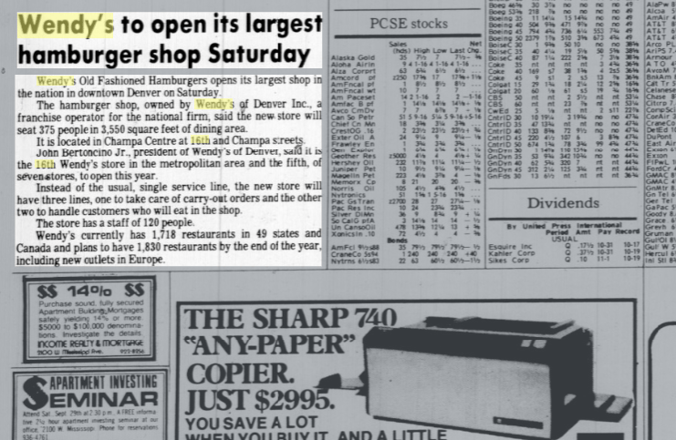 A screenshot of a scanned page from the 1979 newspaper announcing the large Wendy's.