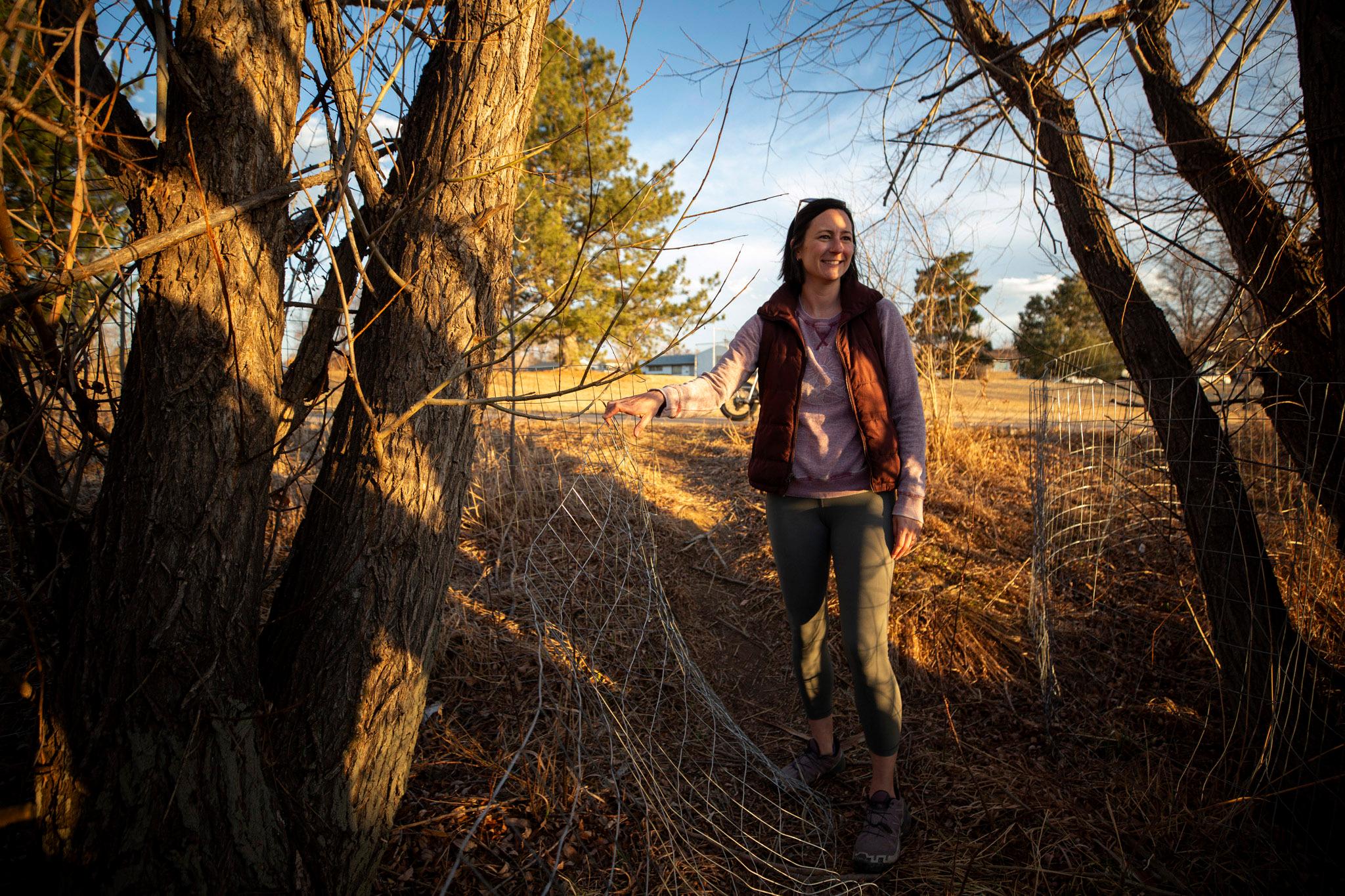 A woman in a red vest stands in the warm light of the setting sun, holding onto a metal fence wrapping around a thick tree.